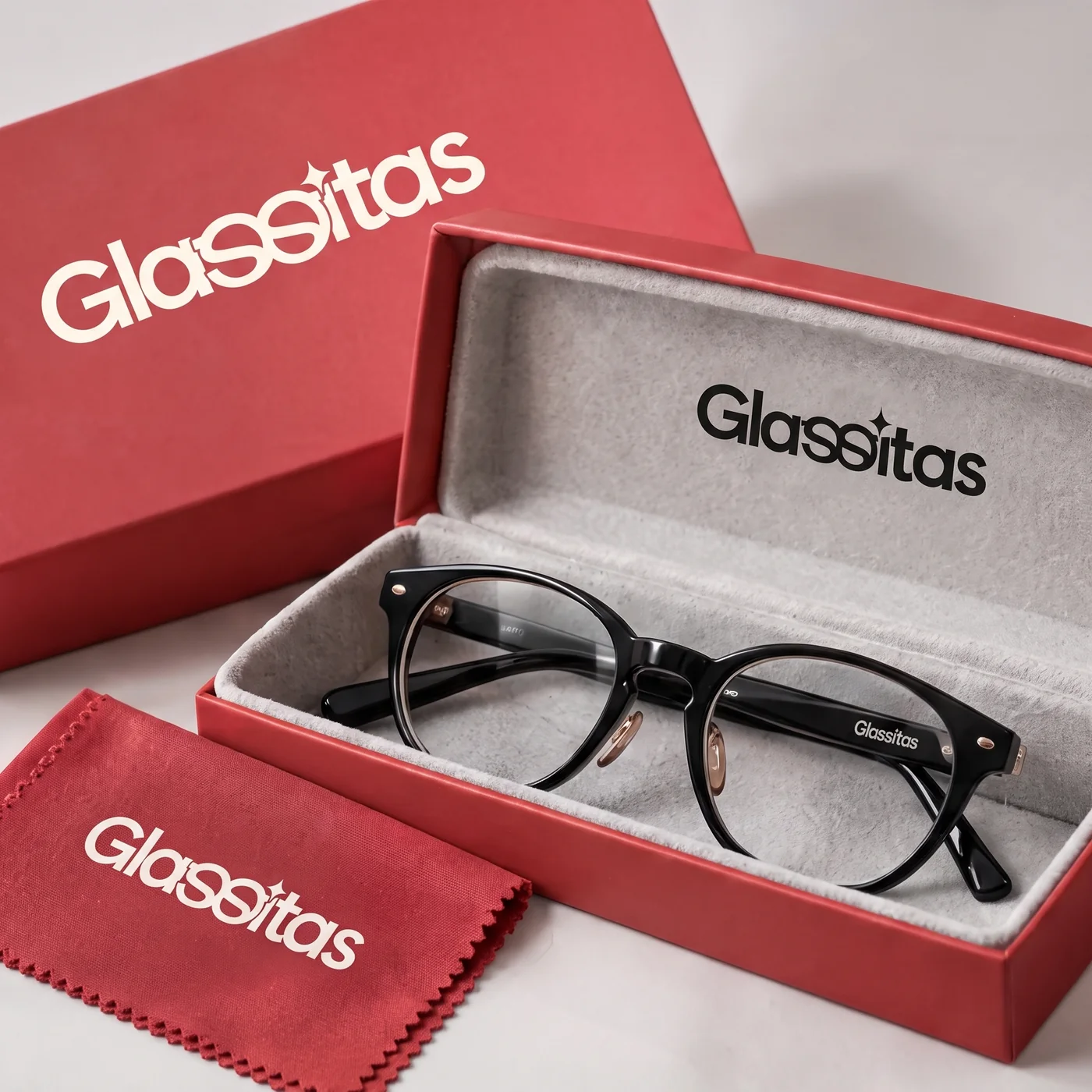 Estuche y gamuza Glassitas con gafas graduadas negras
