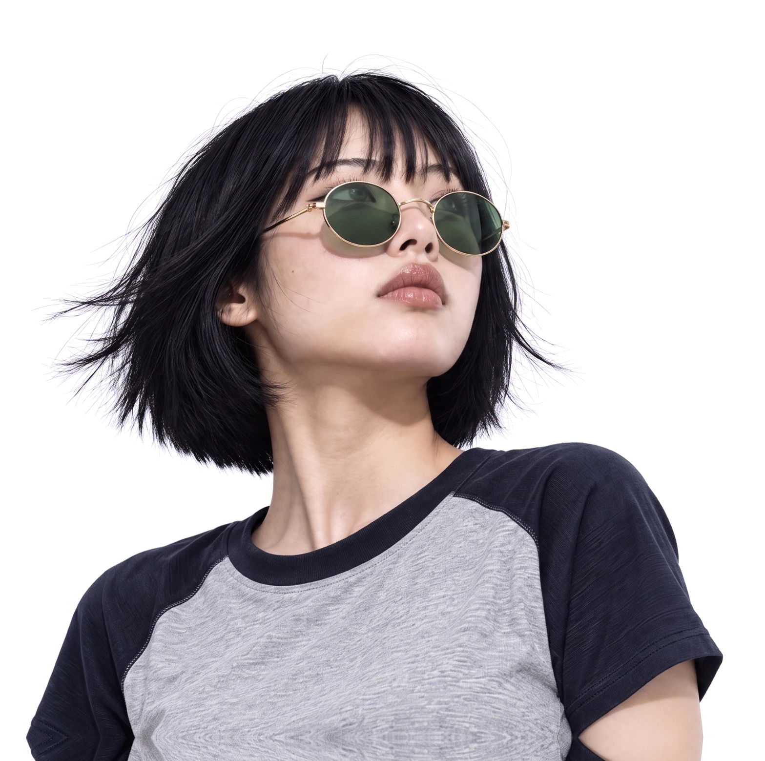 La chica con gafas redondas de sol verdes
